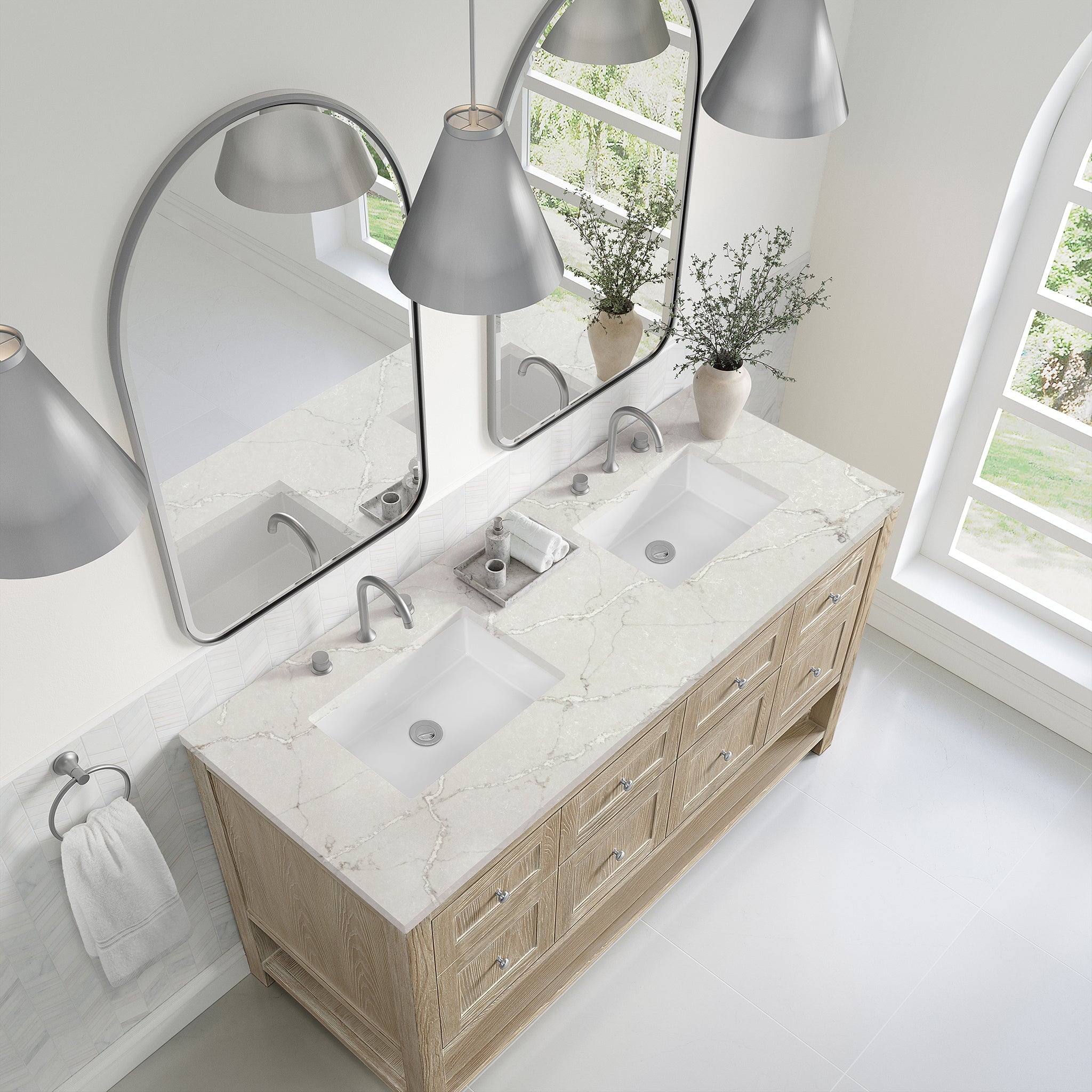 James Martin Breckenridge 60" Double Bathroom Vanity, Whitewashed Oak with Victorian Silver countertop