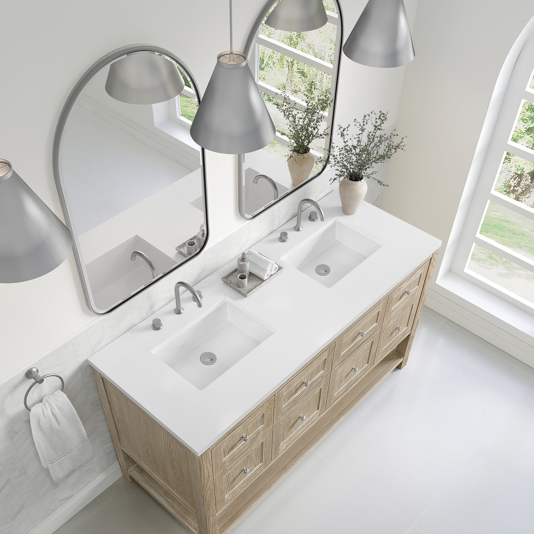 James Martin Breckenridge 60" Double Bathroom Vanity, Whitewashed Oak with White Zeus countertop
