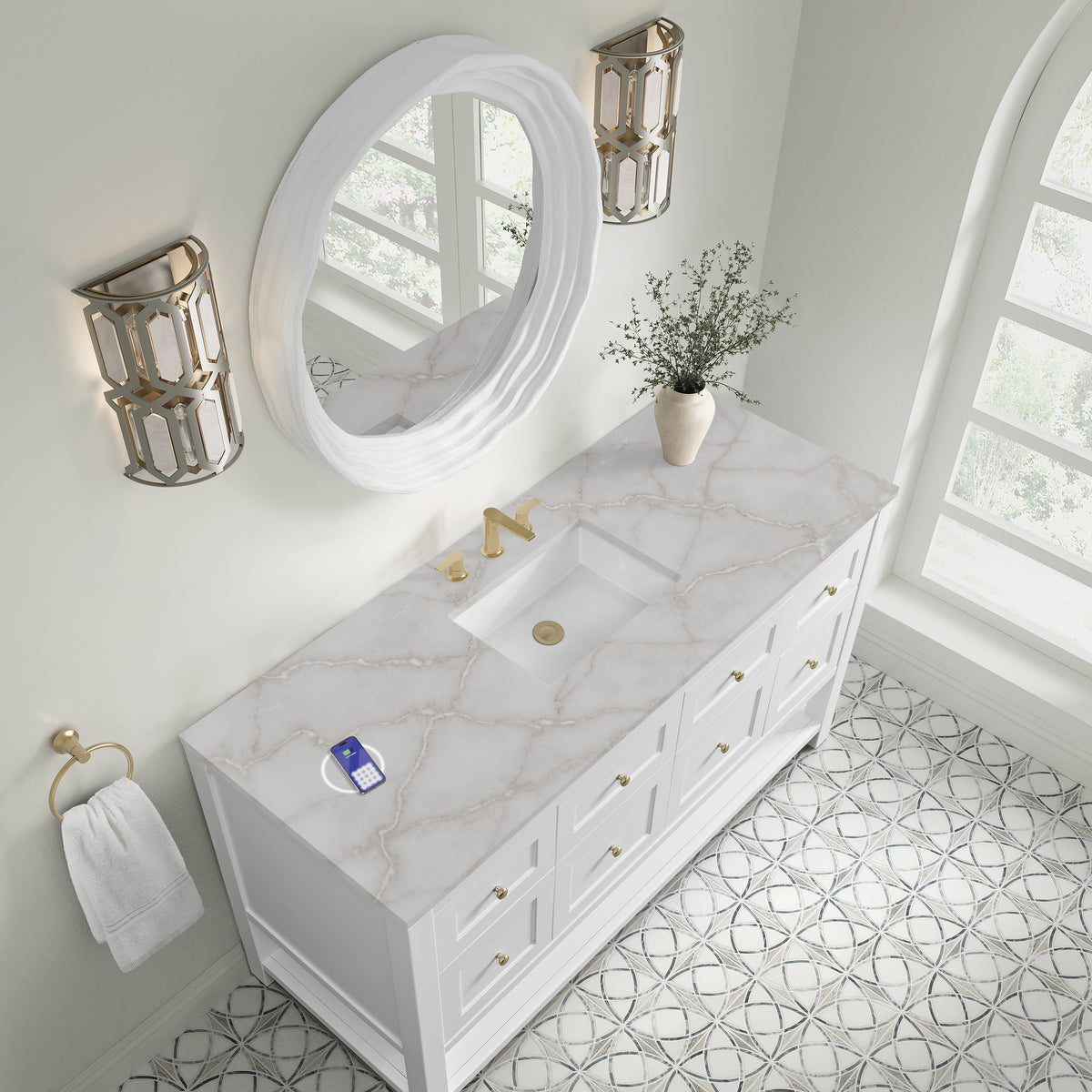 James Martin Breckenridge 60" Single Bathroom Vanity, Bright White with Victorian Silver (Silestone, FreePower) countertop
