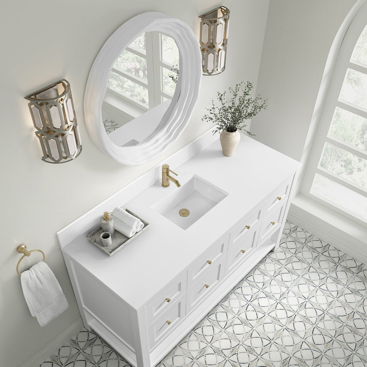 James Martin Breckenridge 60" Single Bathroom Vanity, Bright White with White Zeus (Single Hole, with Backsplash) countertop