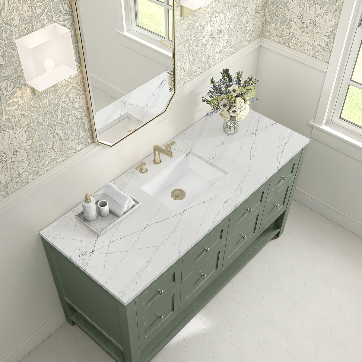 James Martin Breckenridge 60" Single Bathroom Vanity, Smokey Celadon with Ethereal Noctis (Quartz) countertop