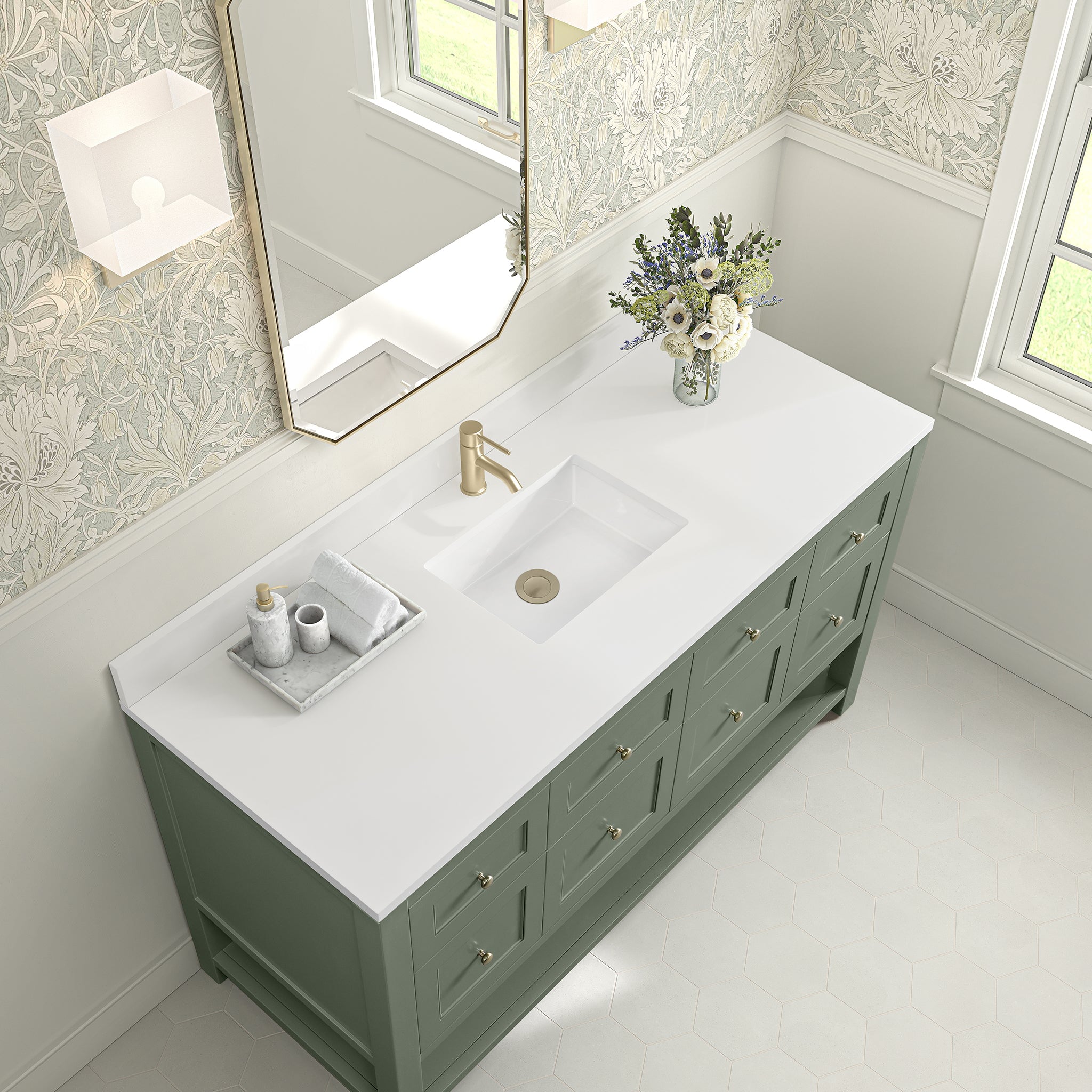 James Martin Breckenridge 60" Single Bathroom Vanity, Smokey Celadon with White Zeus (Single Hole, with Backsplash) countertop