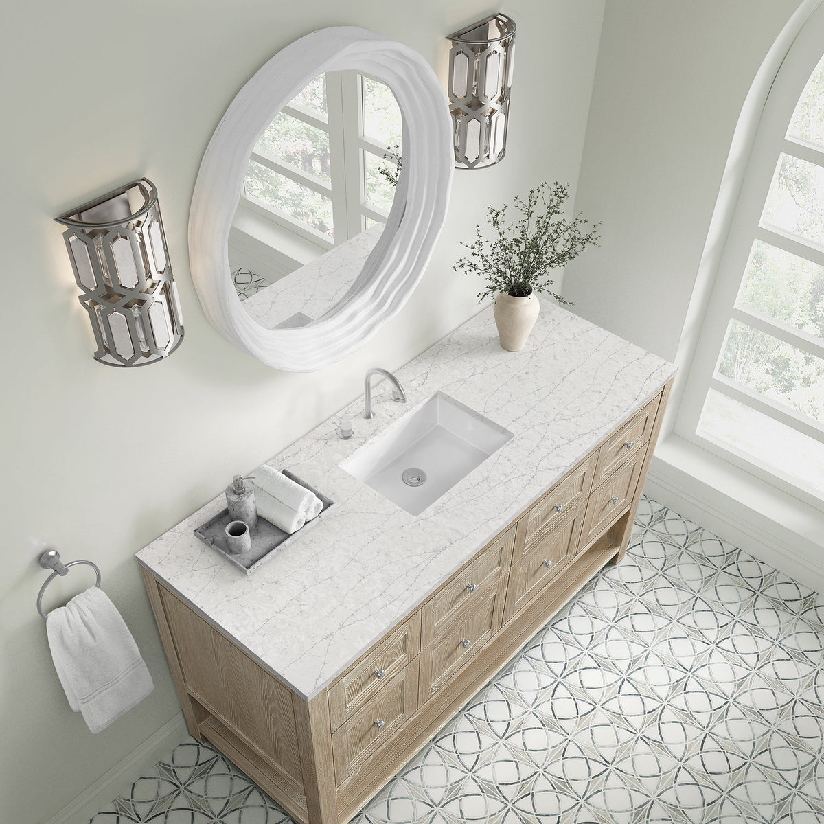 James Martin Breckenridge 60" Single Bathroom Vanity, Whitewashed Oak with Eternal Jasmine Pearl (Quartz) countertop