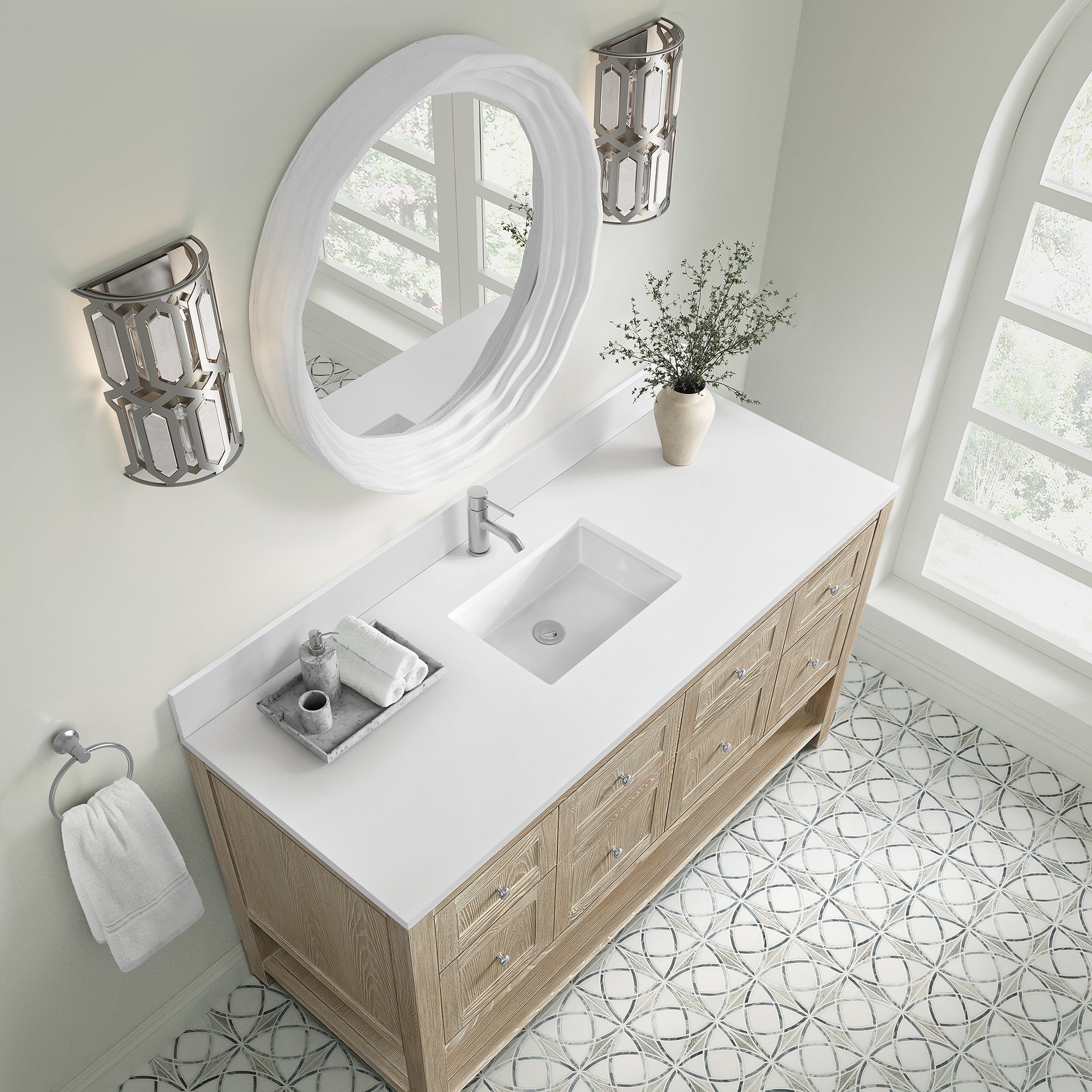 James Martin Breckenridge 60" Single Bathroom Vanity, Whitewashed Oak with White Zeus (Single Hole, with Backsplash) countertop