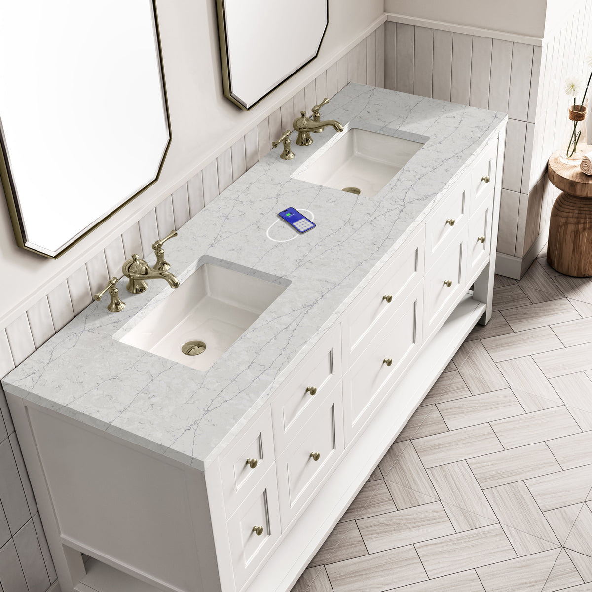 James Martin Breckenridge 72" Double Bathroom Vanity, Bright White with Eternal Jasmine Pearl (FreePower) countertop