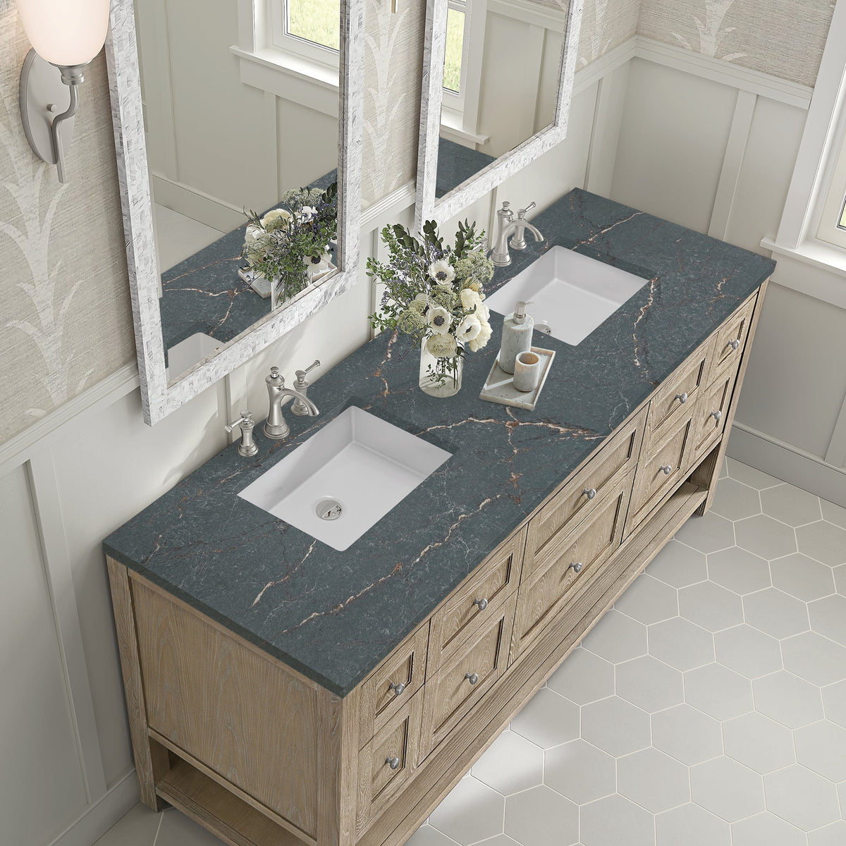James Martin Breckenridge 72" Double Bathroom Vanity, Whitewashed Oak with Parisien Bleu countertop