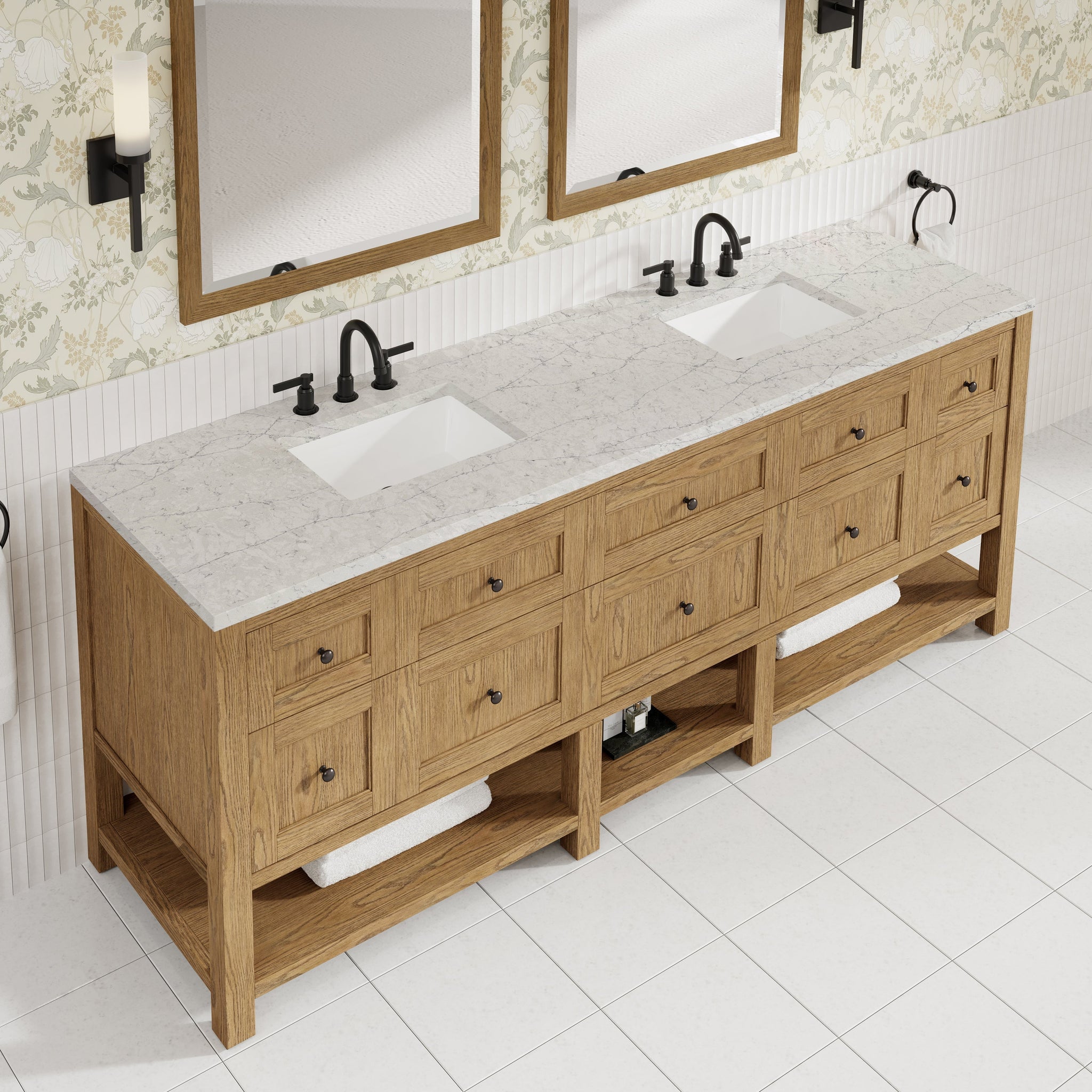 James Martin Breckenridge 84" Double Bathroom Vanity, Light Natural Oak with Eternal Jasmine Pearl countertop