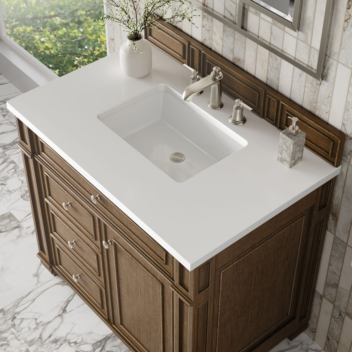 James Martin Bristol 36" Single Bathroom Vanity, Saddle Brown with White Zeus countertop