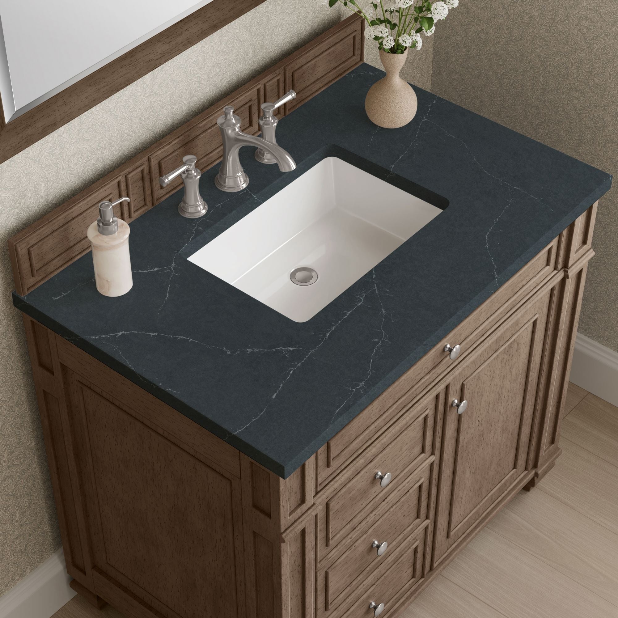 James Martin Bristol 36" Single Bathroom Vanity, Whitewashed Walnut with Charcoal Soapstone countertop