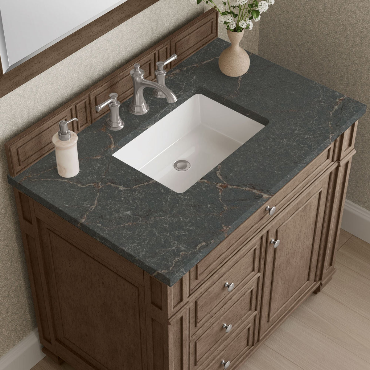 James Martin Bristol 36" Single Bathroom Vanity, Whitewashed Walnut with Parisien Bleu countertop