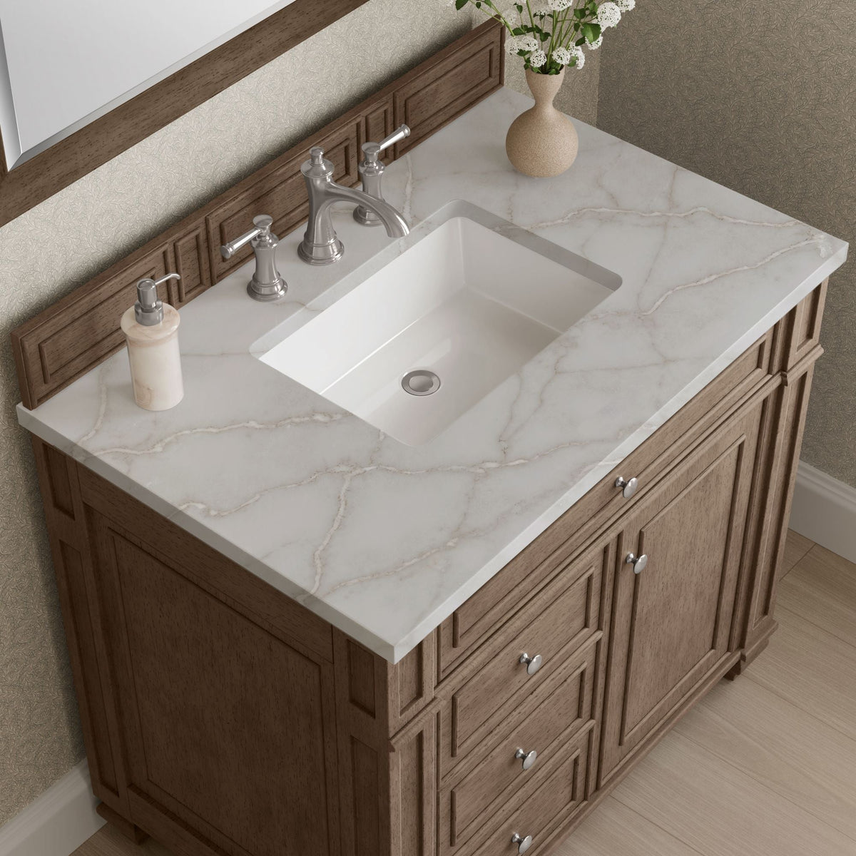 James Martin Bristol 36" Single Bathroom Vanity, Whitewashed Walnut with Victorian Silver countertop