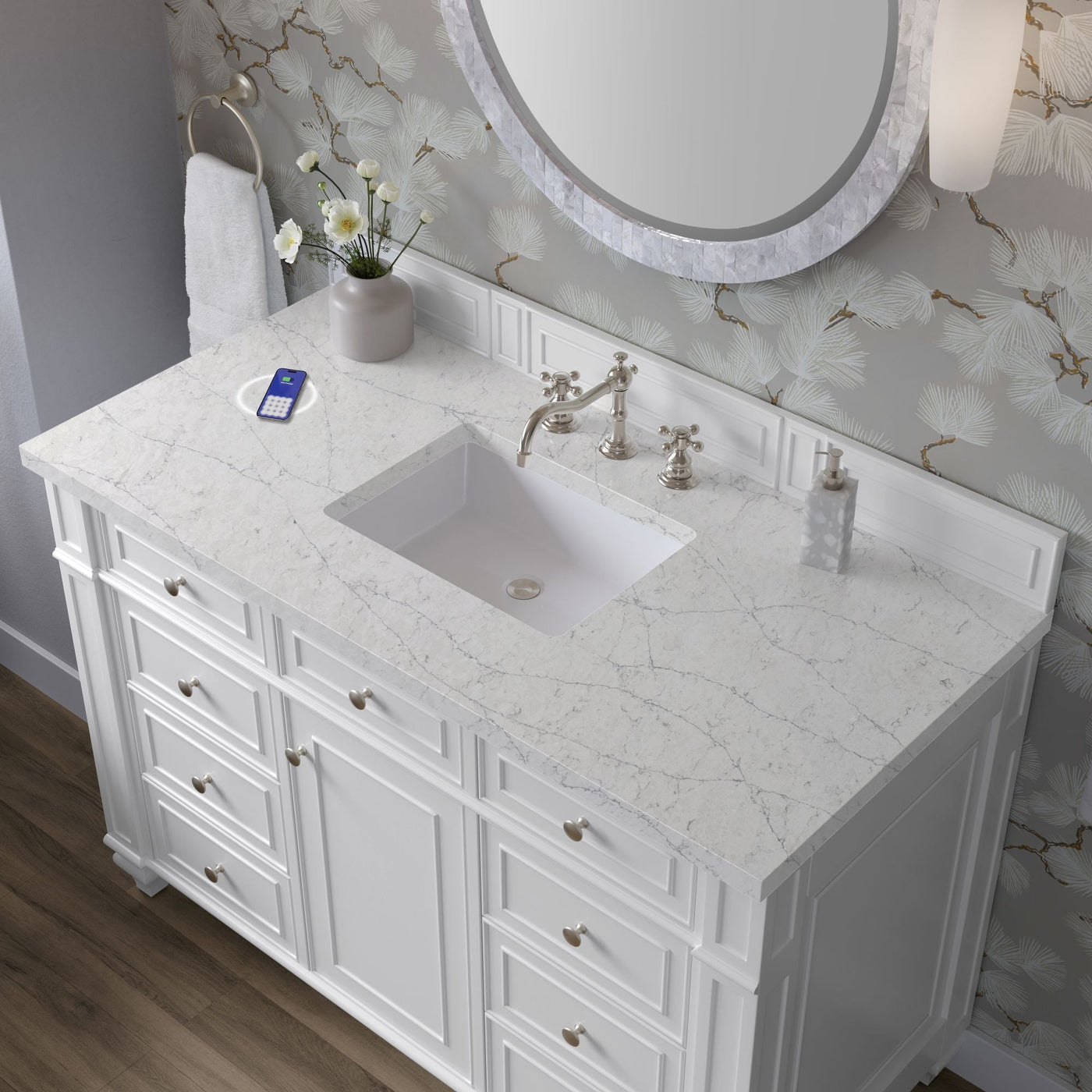 James Martin Bristol 48" Single Bathroom Vanity, Bright White with Eternal Jasmine Pearl (FreePower) countertop