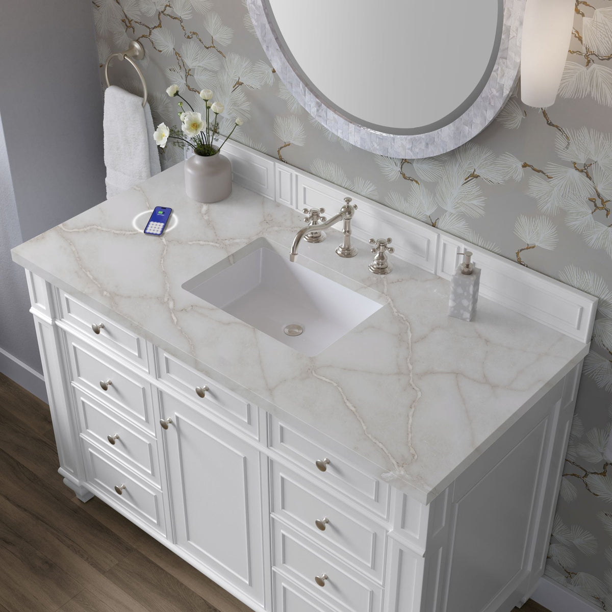 James Martin Bristol 48" Single Bathroom Vanity, Bright White with Victorian Silver (FreePower) countertop