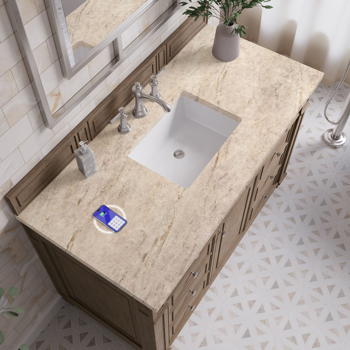 James Martin Bristol 48" Single Bathroom Vanity, Whitewashed Walnut with Tajnar (FreePower) countertop