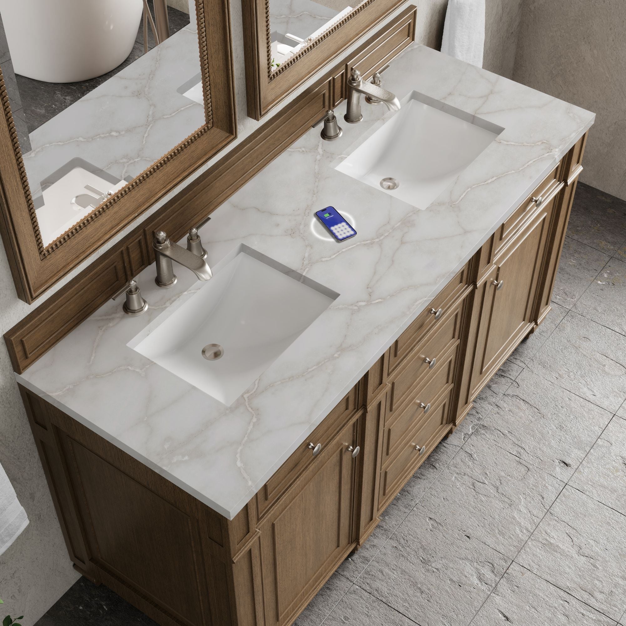 James Martin Bristol 60" Double Bathroom Vanity, Saddle Brown with Victorian Silver (FreePower) countertop