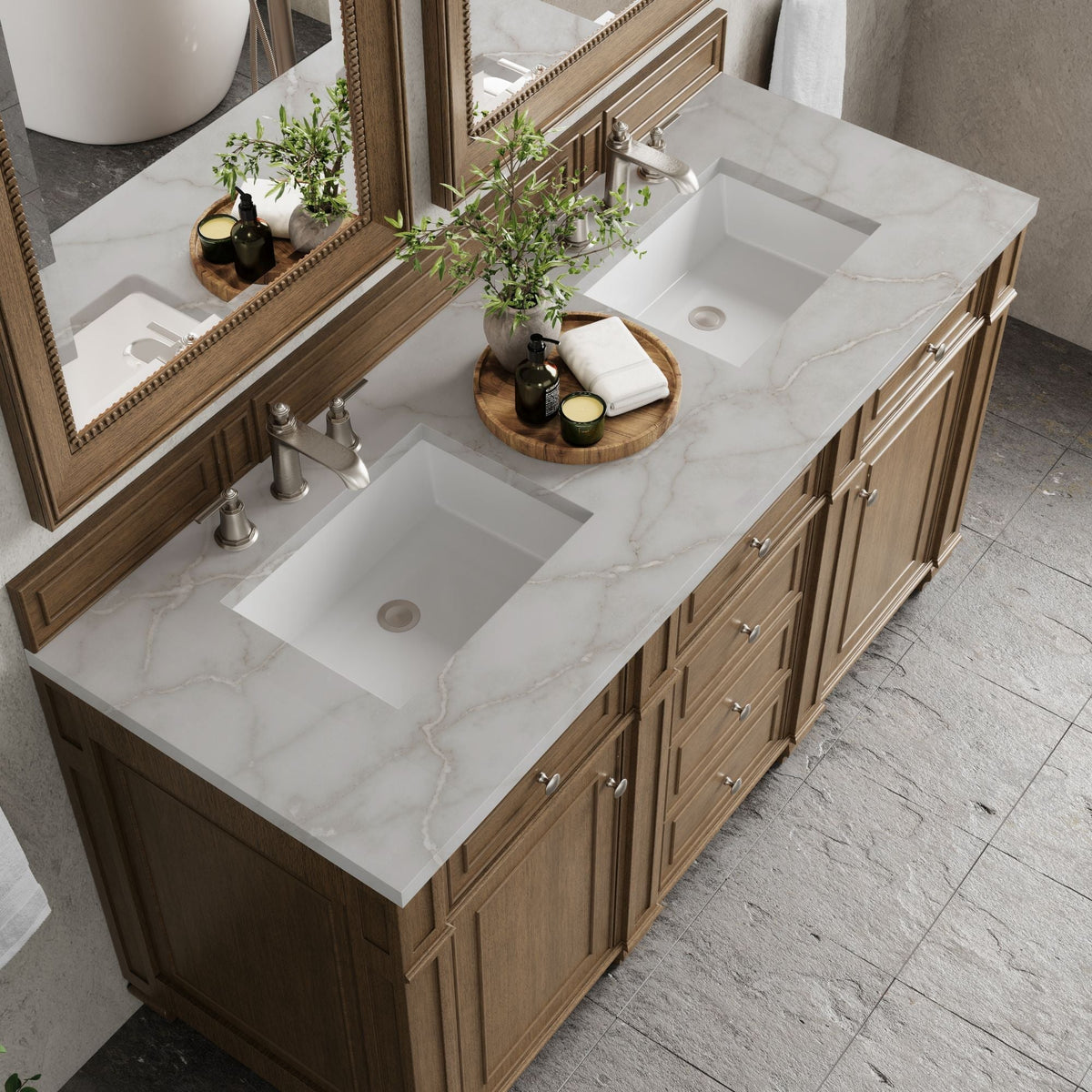 James Martin Bristol 60" Double Bathroom Vanity, Saddle Brown with Victorian Silver countertop