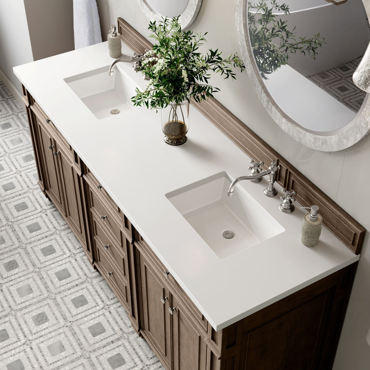 James Martin Bristol 72" Double Bathroom Vanity, Whitewashed Walnut with White Zeus countertop