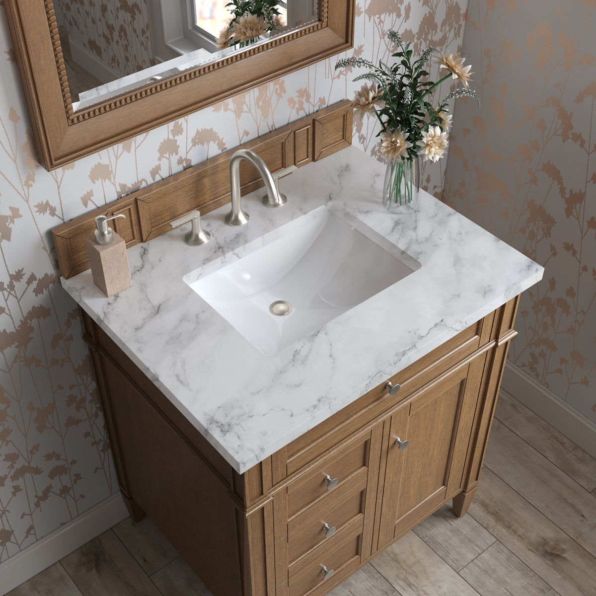 James Martin Brittany 30" Single Bathroom Vanity, Saddle Brown with Carrara White countertop