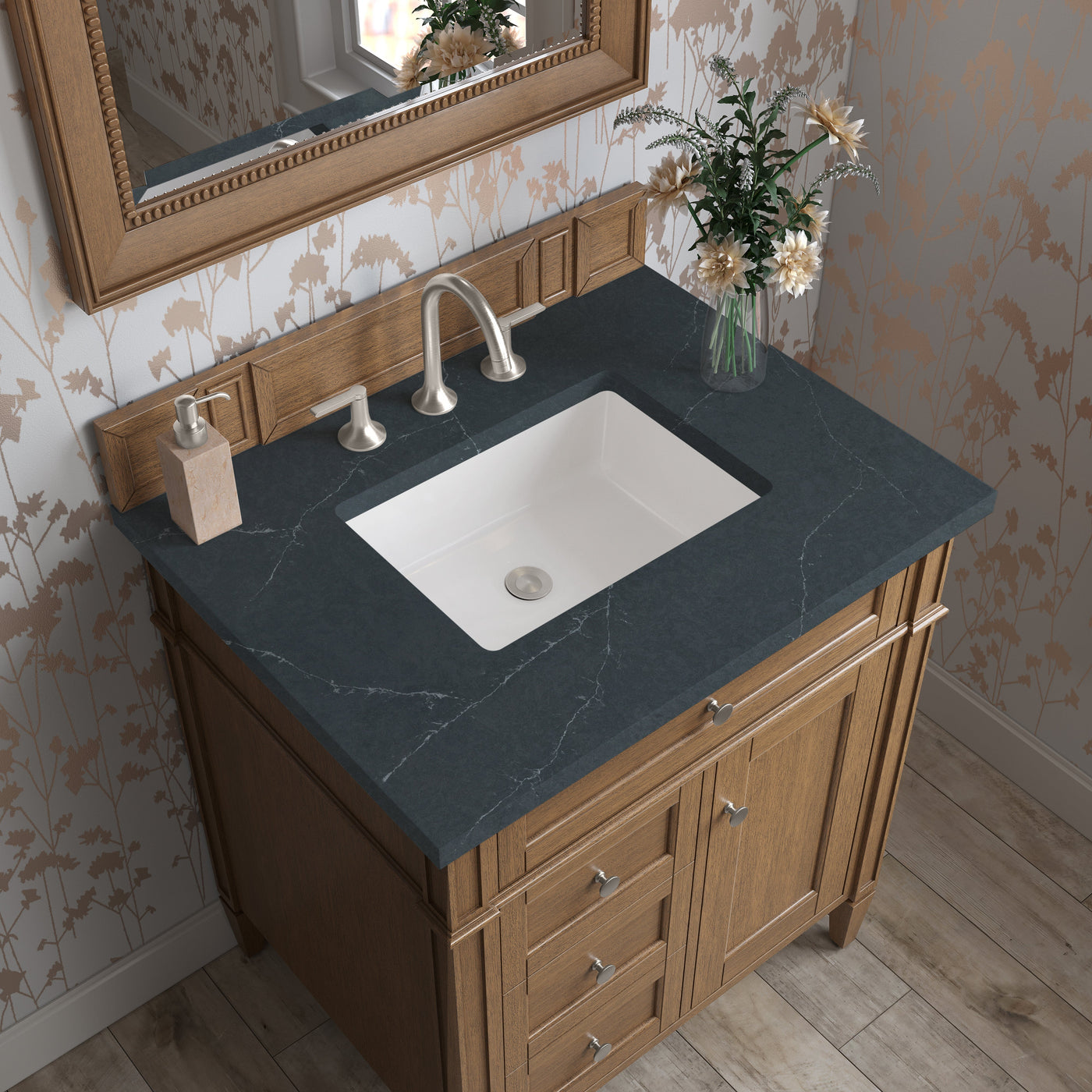 James Martin Brittany 30" Single Bathroom Vanity, Saddle Brown with Charcoal Soapstone countertop