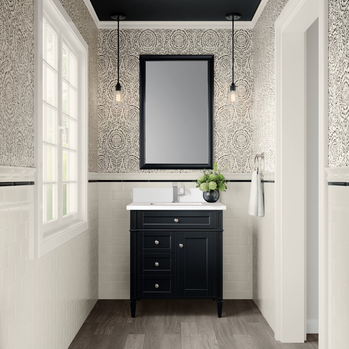 James Martin Brittany 30" Single Bathroom Vanity, Black Onyx with White Zeus (Single Hole, with Backsplash) countertop