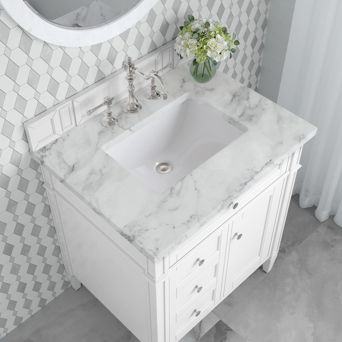 James Martin Brittany 30" Single Bathroom Vanity, Bright White with Carrara White countertop