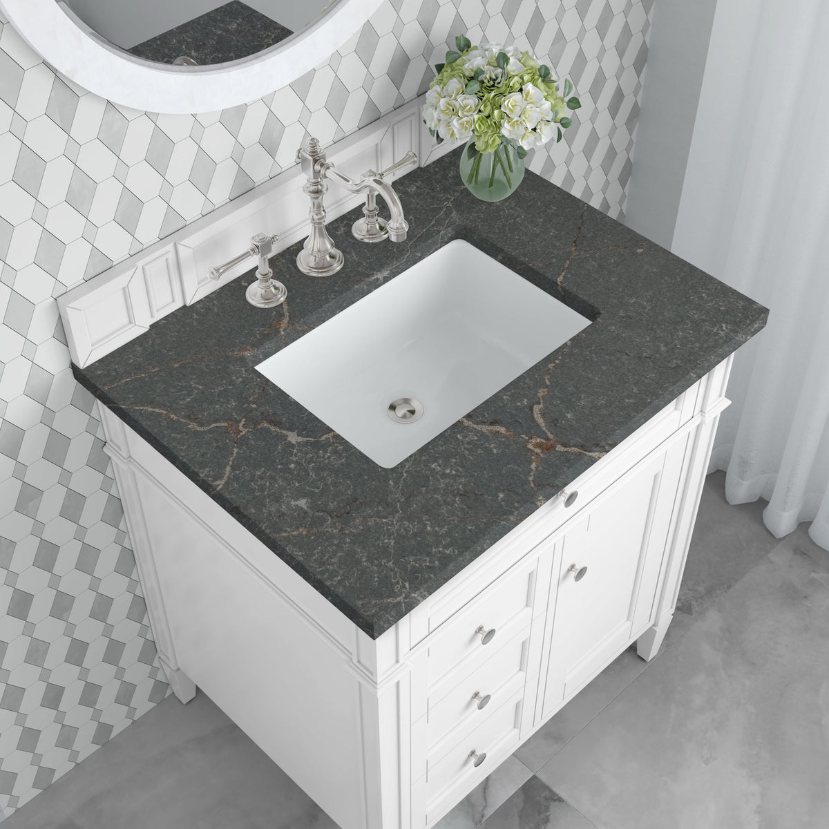 James Martin Brittany 30" Single Bathroom Vanity, Bright White with Parisien Bleu countertop