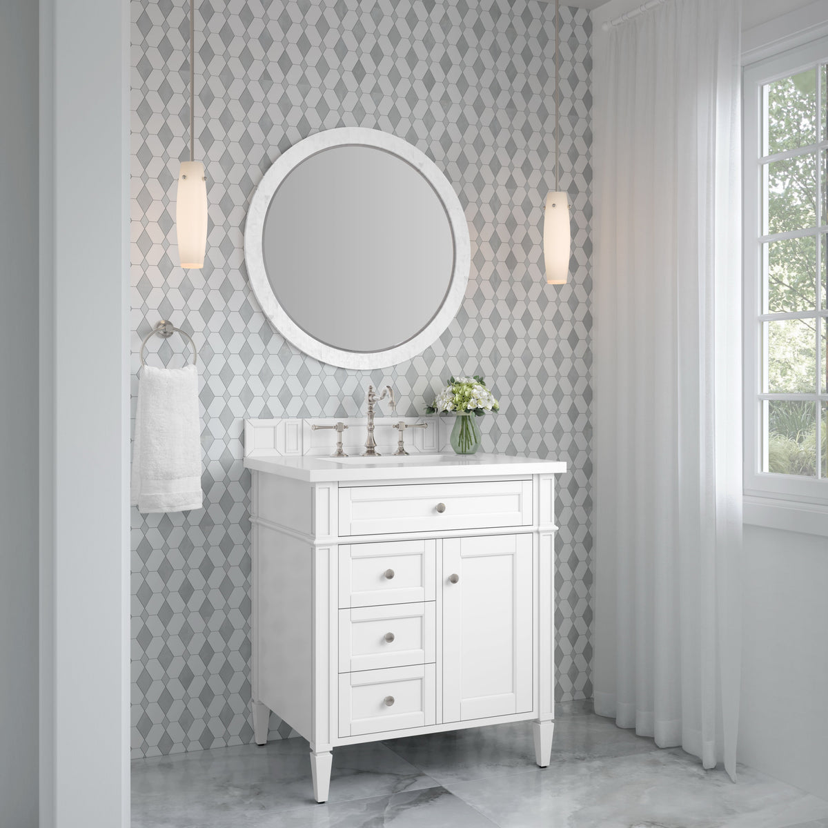 James Martin Brittany 30" Single Bathroom Vanity, Bright White, cabinet without a countertop