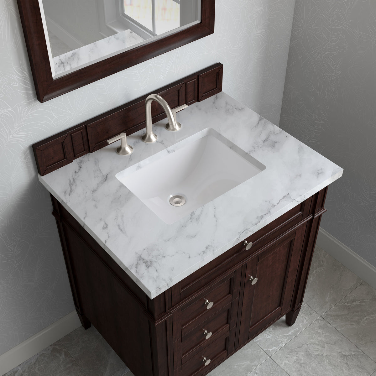 James Martin Brittany 30" Single Bathroom Vanity, Burnished Mahogany with Carrara White countertop