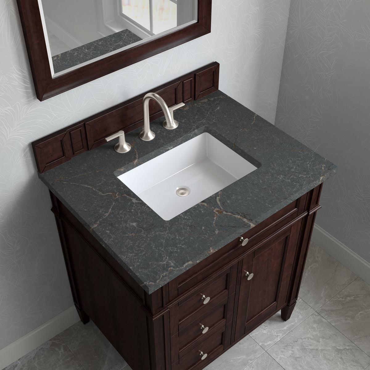 James Martin Brittany 30" Single Bathroom Vanity, Burnished Mahogany with Parisien Bleu countertop