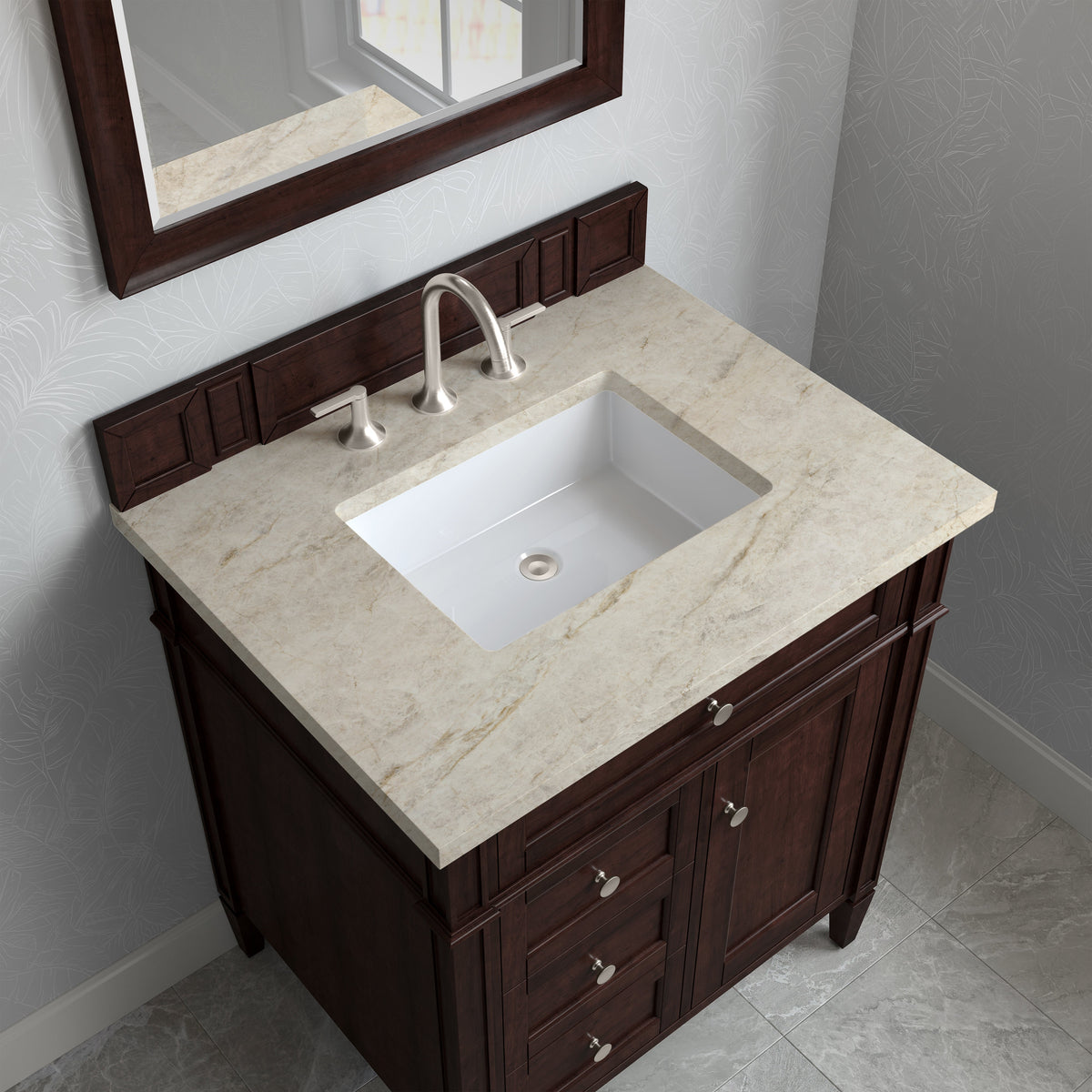 James Martin Brittany 30" Single Bathroom Vanity, Burnished Mahogany with Tajnar countertop