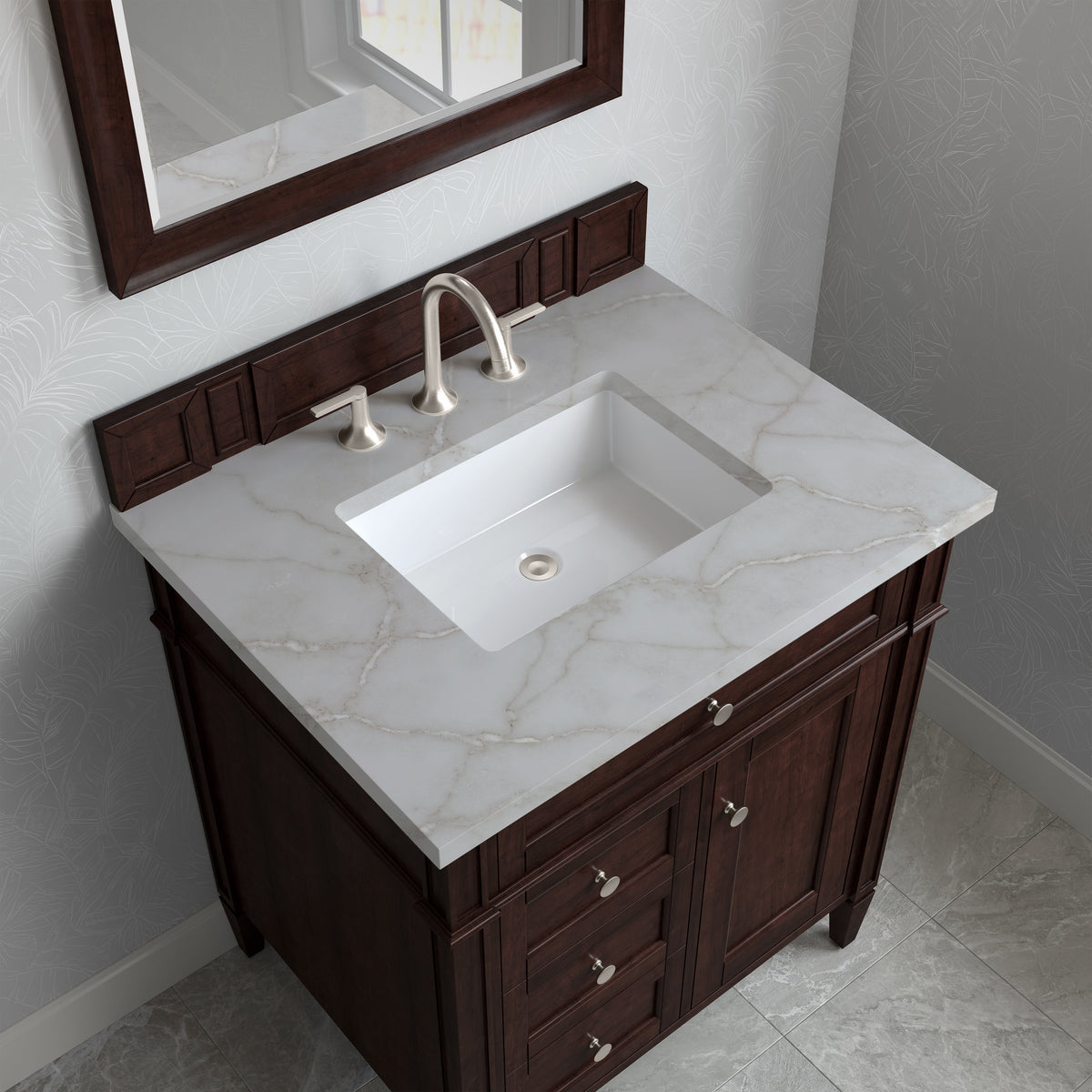James Martin Brittany 30" Single Bathroom Vanity, Burnished Mahogany with Victorian Silver countertop