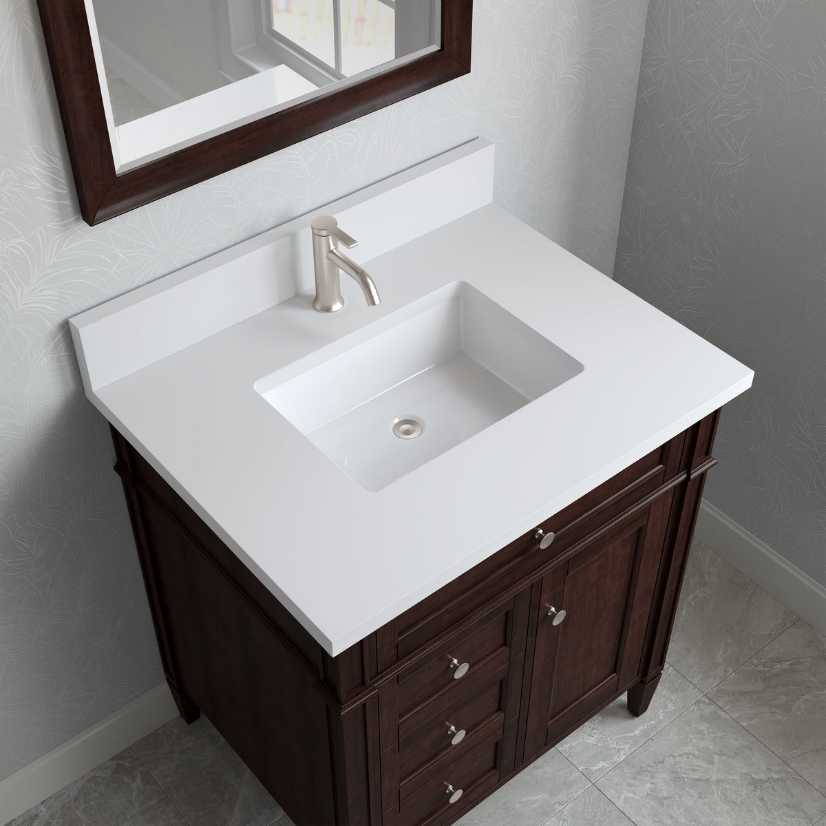 James Martin Brittany 30" Single Bathroom Vanity, Burnished Mahogany with White Zeus (Single Hole, with Backsplash) countertop