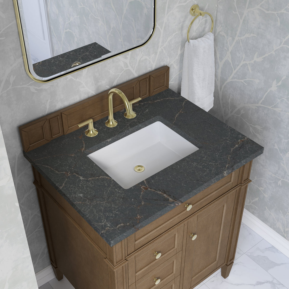James Martin Brittany 30" Single Bathroom Vanity, Pecan with Parisien Bleu countertop