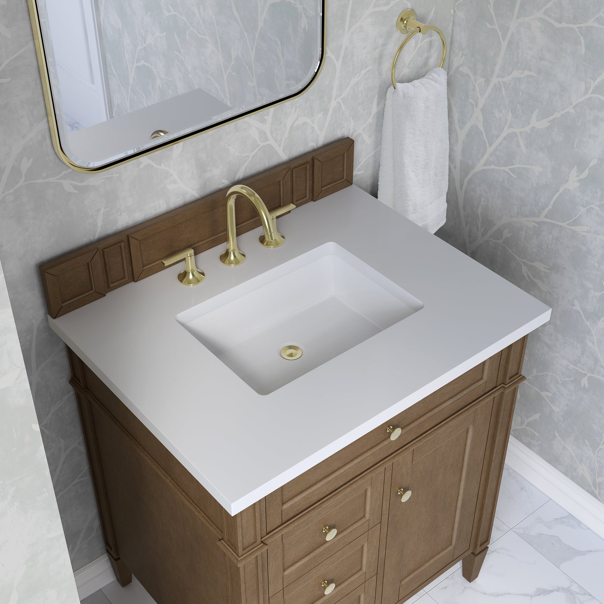 James Martin Brittany 30" Single Bathroom Vanity, Pecan with White Zeus countertop