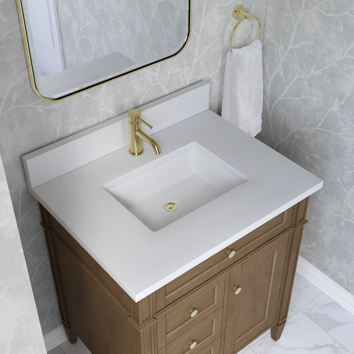 James Martin Brittany 30" Single Bathroom Vanity, Pecan with White Zeus (Single Hole) countertop