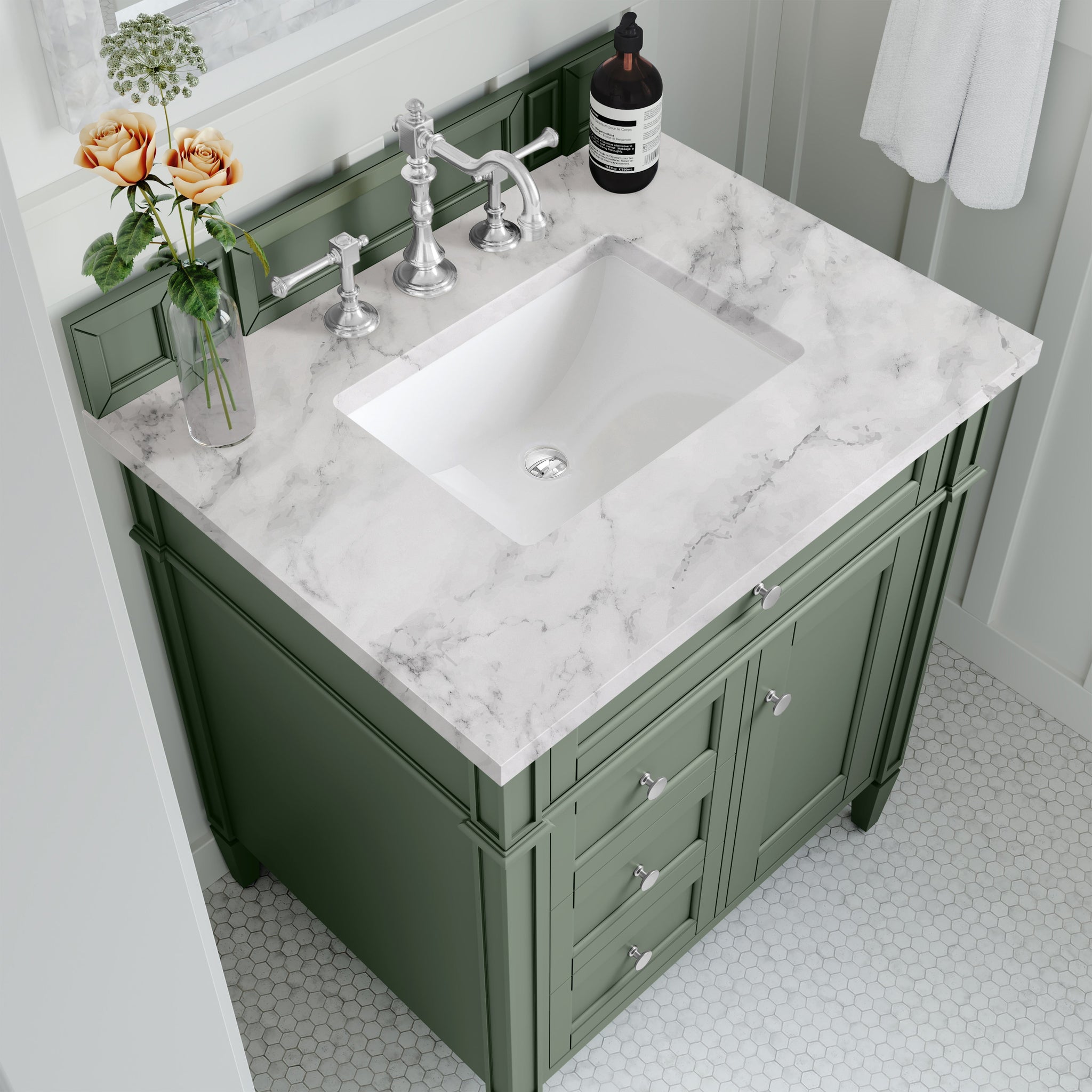 James Martin Brittany 30" Single Bathroom Vanity, Smokey Celadon with Carrara White countertop