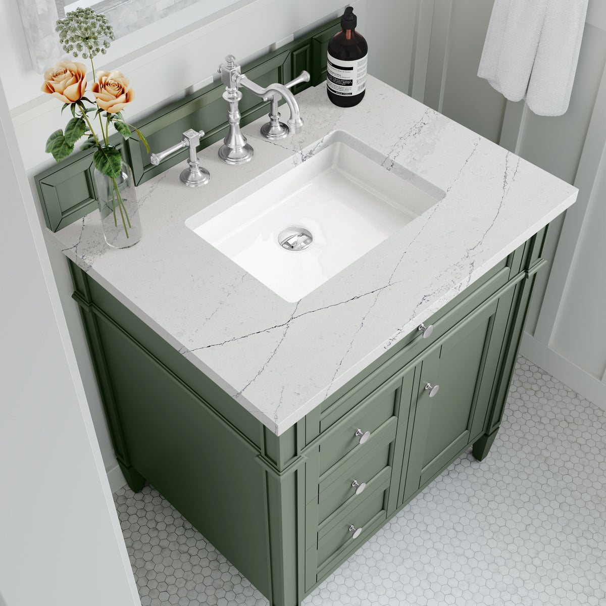 James Martin Brittany 30" Single Bathroom Vanity, Smokey Celadon with Ethereal Noctis countertop