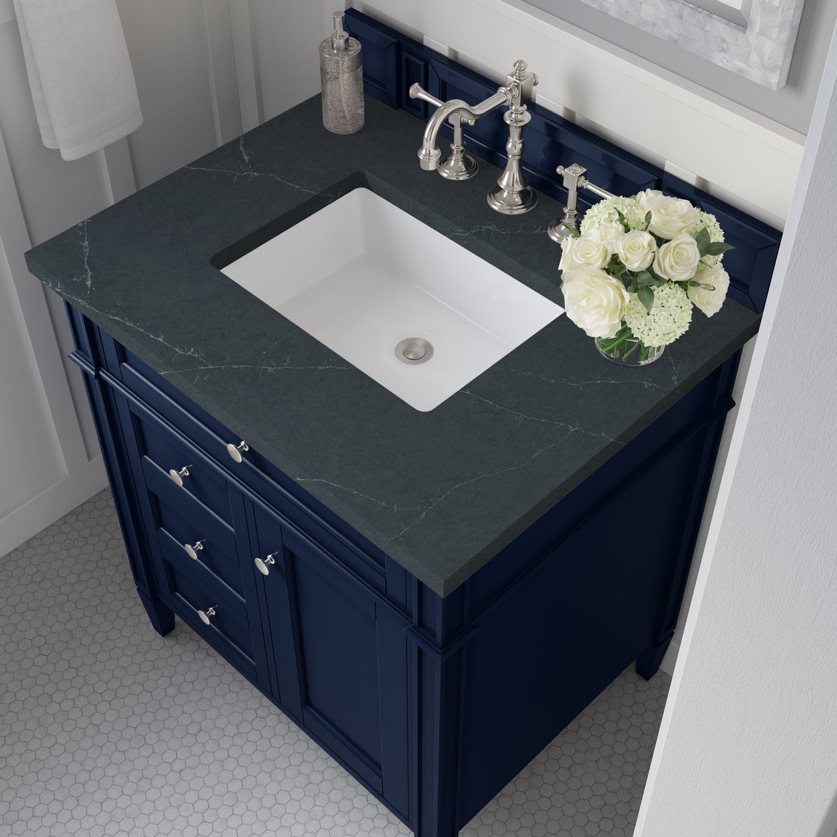 James Martin Brittany 30" Single Bathroom Vanity, Victory Blue with Charcoal Soapstone countertop