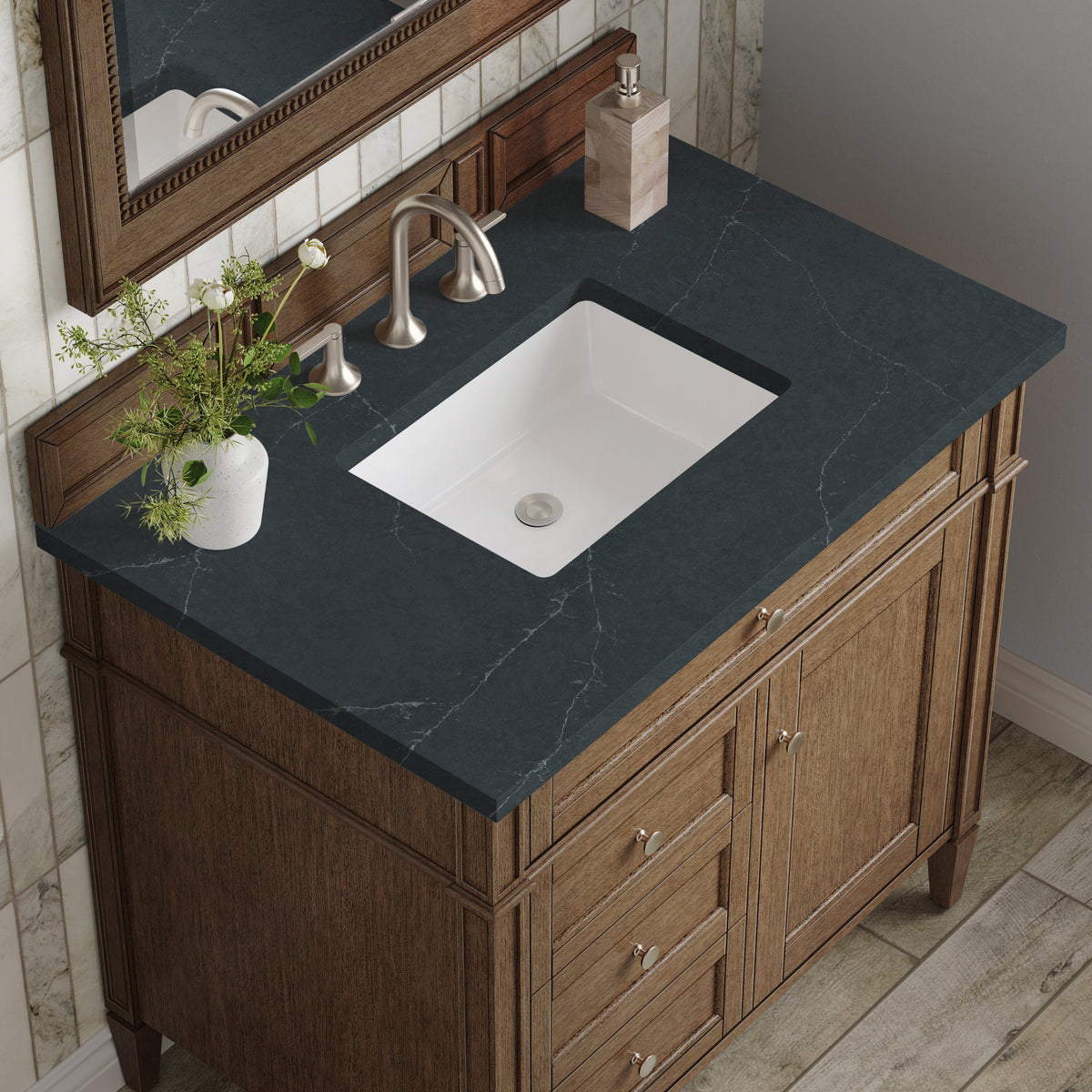 James Martin Brittany 36" Single Bathroom Vanity, Saddle Brown with Charcoal Soapstone countertop