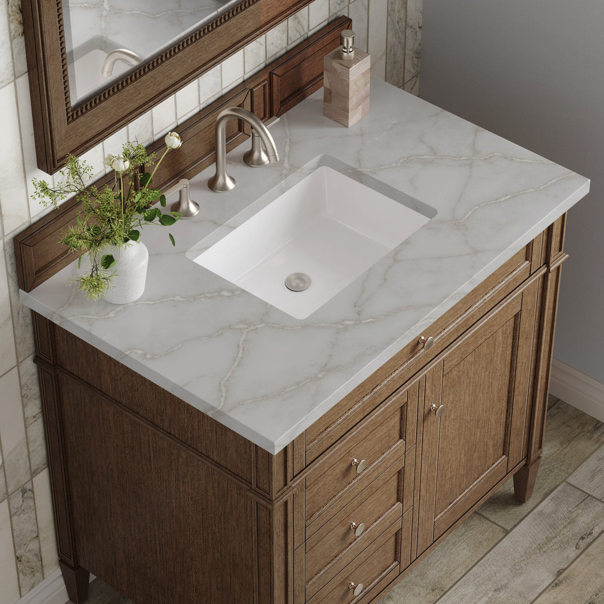 James Martin Brittany 36" Single Bathroom Vanity, Saddle Brown with Victorian Silver countertop