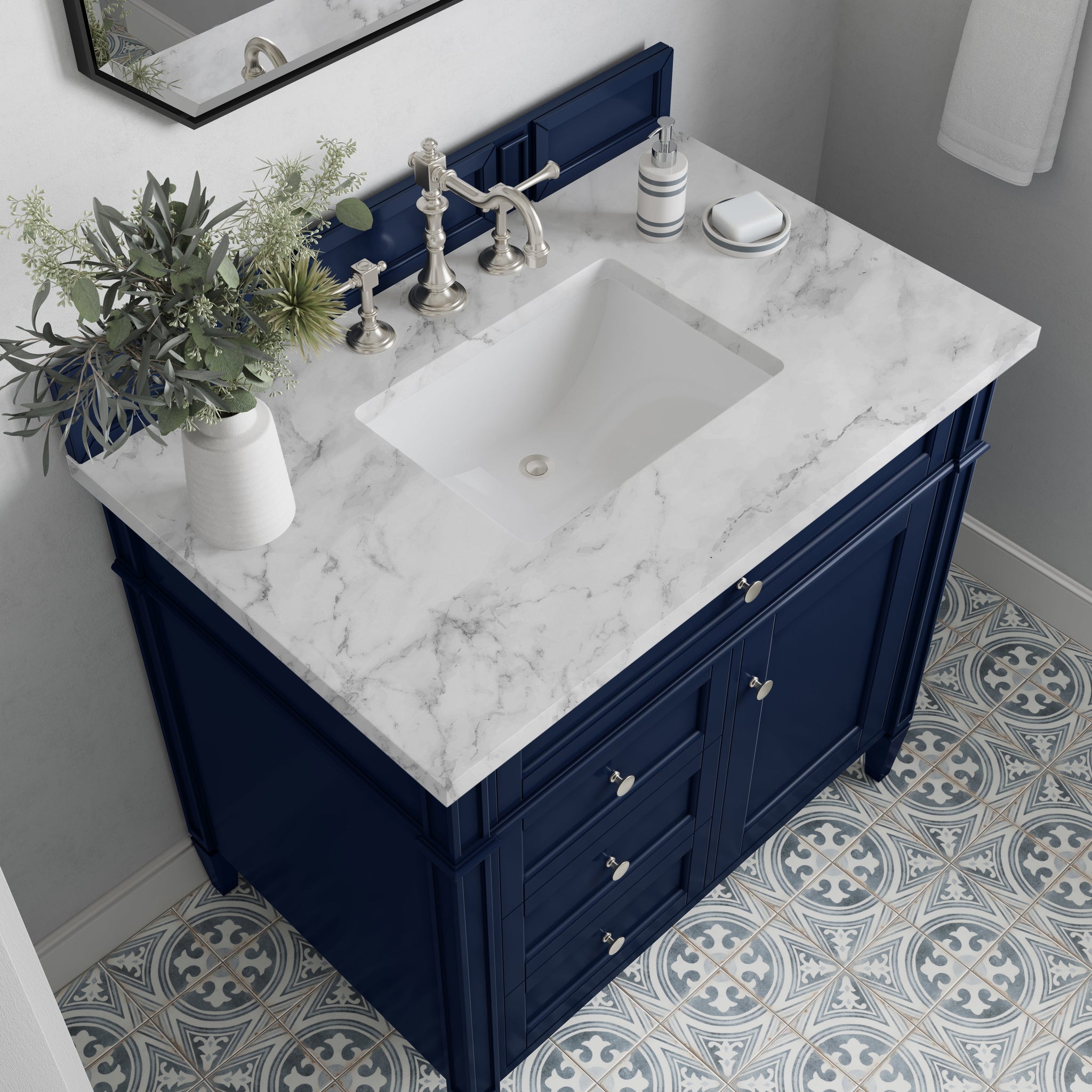 James Martin Brittany 36" Single Bathroom Vanity, Victory Blue with Carrara White countertop