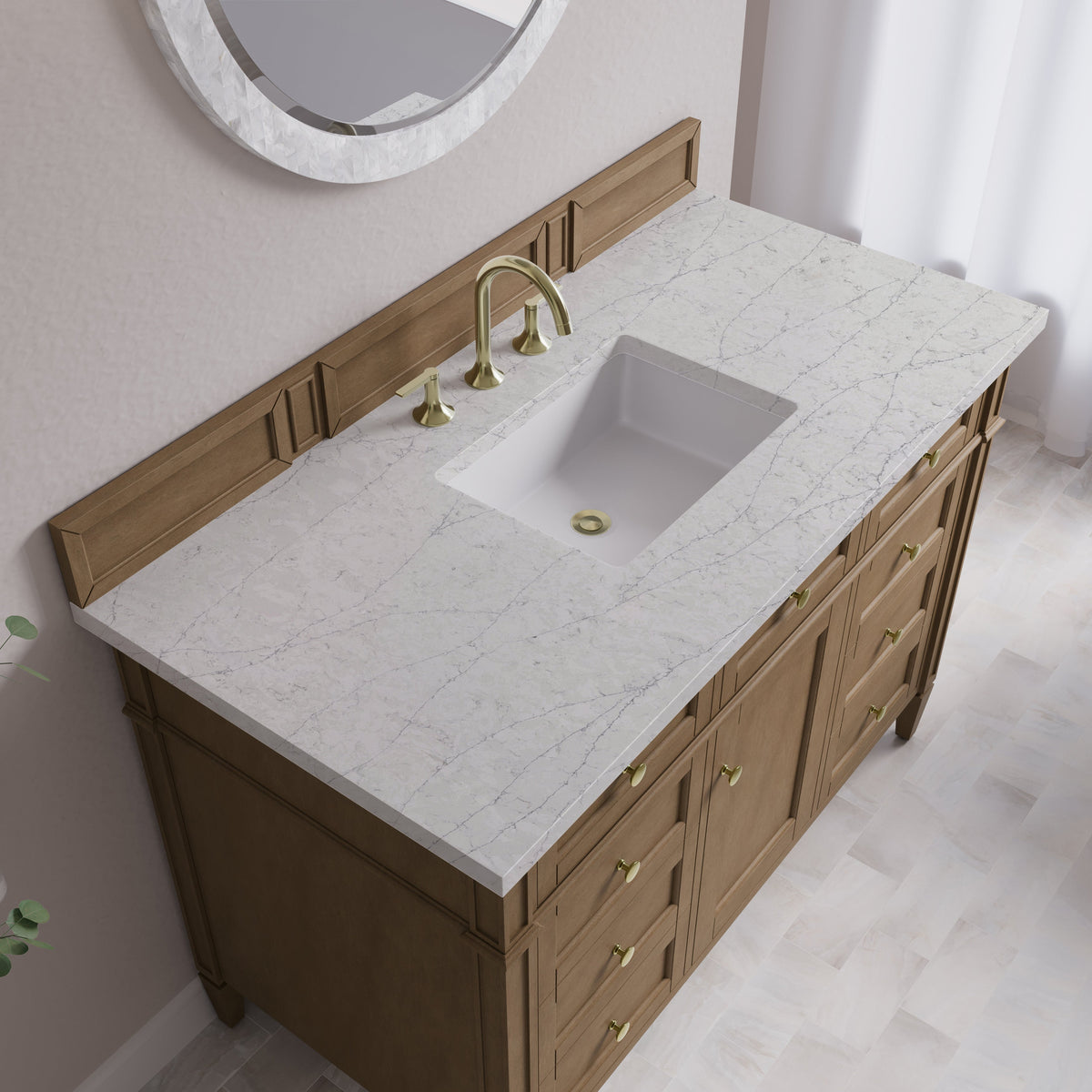 James Martin Brittany 48" Single Bathroom Vanity, Pecan with Eternal Jasmine Pearl countertop