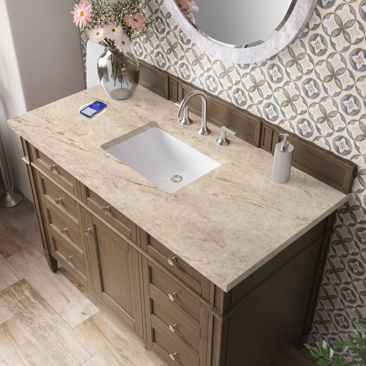James Martin Brittany 48" Single Bathroom Vanity, Saddle Brown with Tajnar (FreePower) countertop