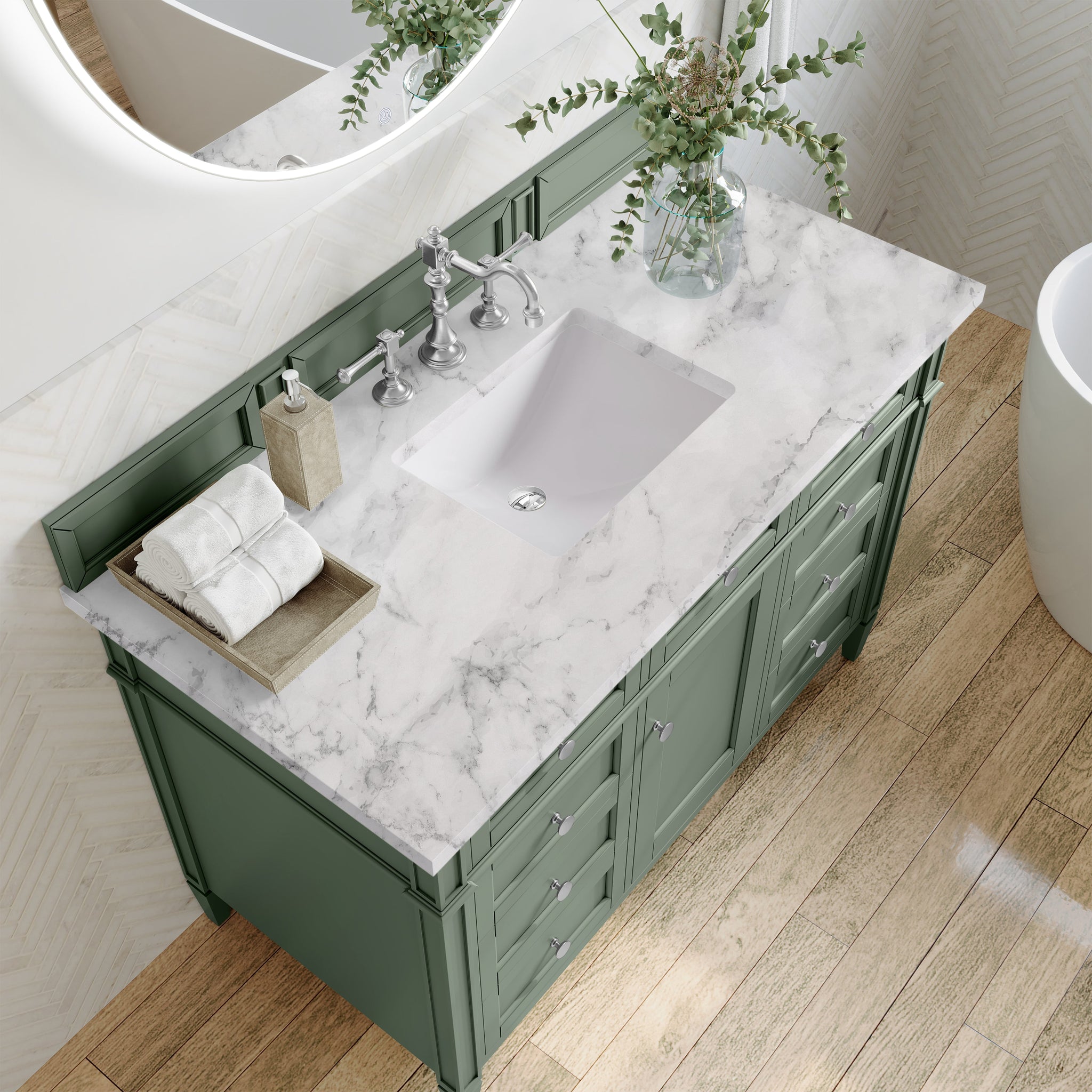 James Martin Brittany 48" Single Bathroom Vanity, Smokey Celadon with Carrara White countertop