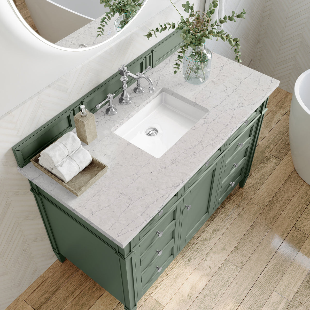 James Martin Brittany 48" Single Bathroom Vanity, Smokey Celadon with Eternal Jasmine Pearl countertop