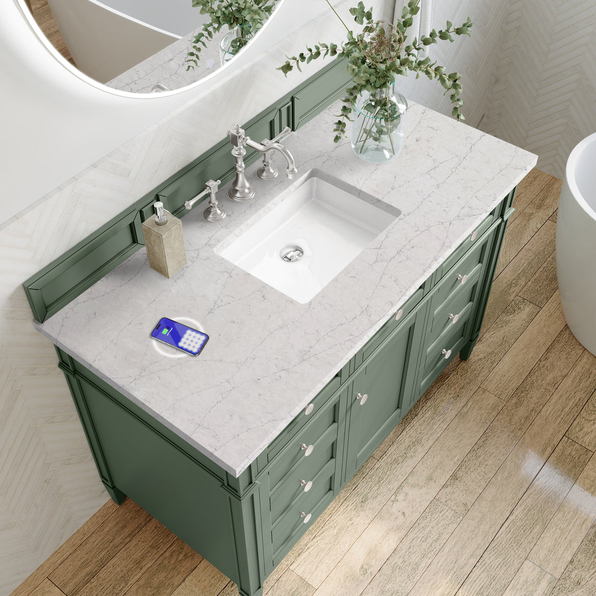 James Martin Brittany 48" Single Bathroom Vanity, Smokey Celadon with Eternal Jasmine Pearl (FreePower) countertop