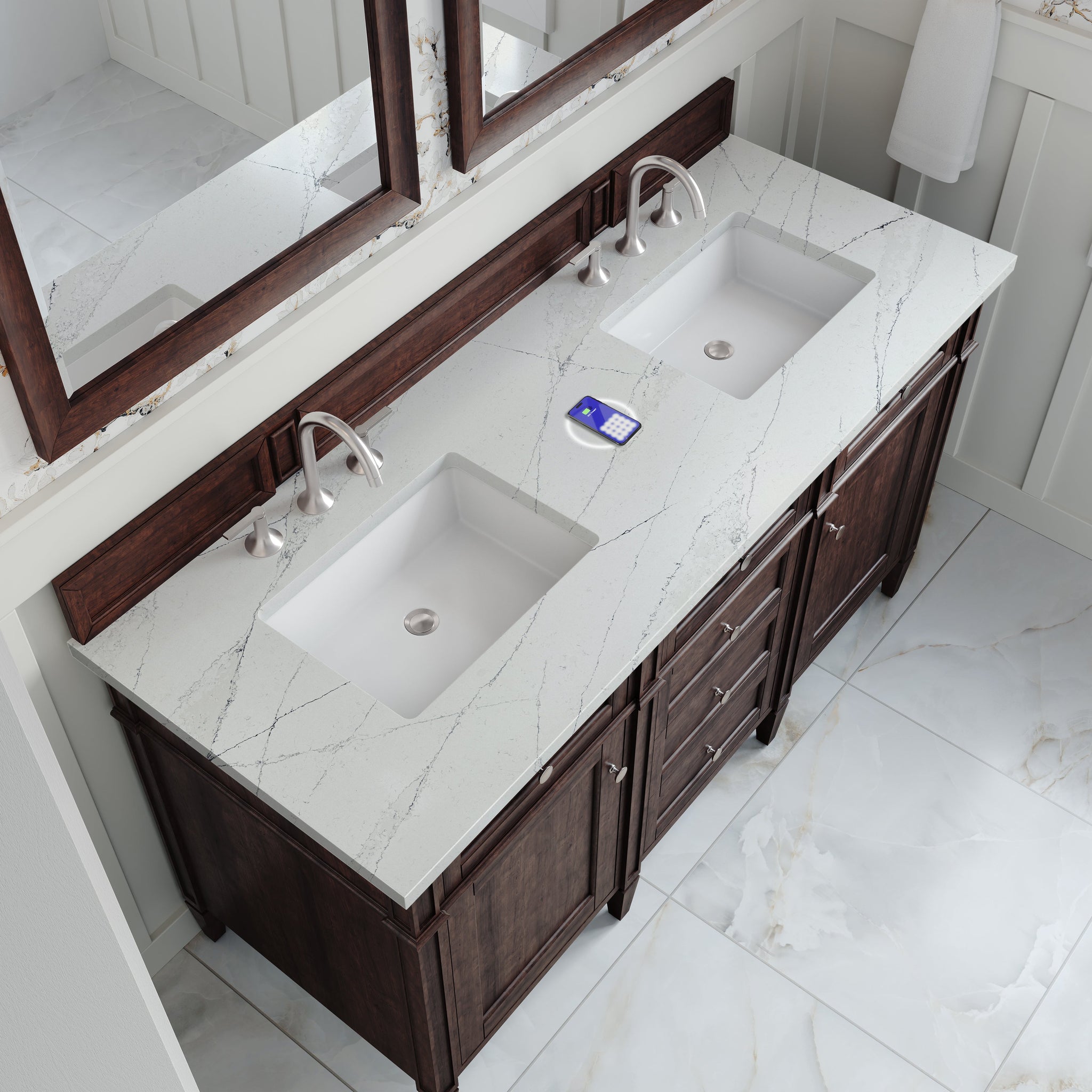 James Martin Brittany 60" Double Bathroom Vanity, Burnished Mahogany with Ethereal Noctis (FreePower) countertop