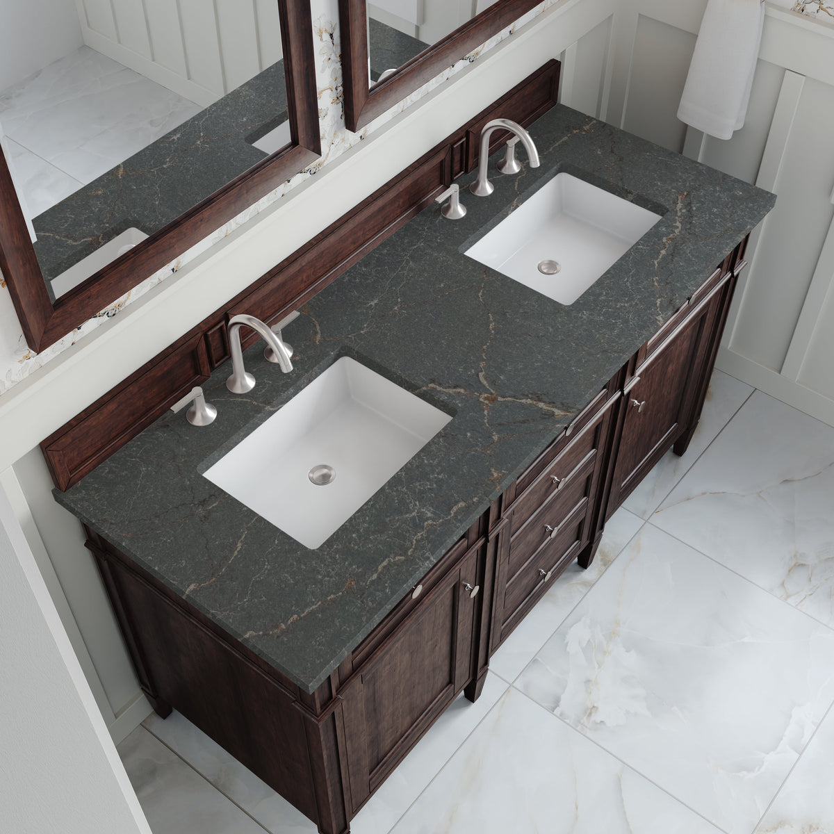 James Martin Brittany 60" Double Bathroom Vanity, Burnished Mahogany with Parisien Bleu countertop