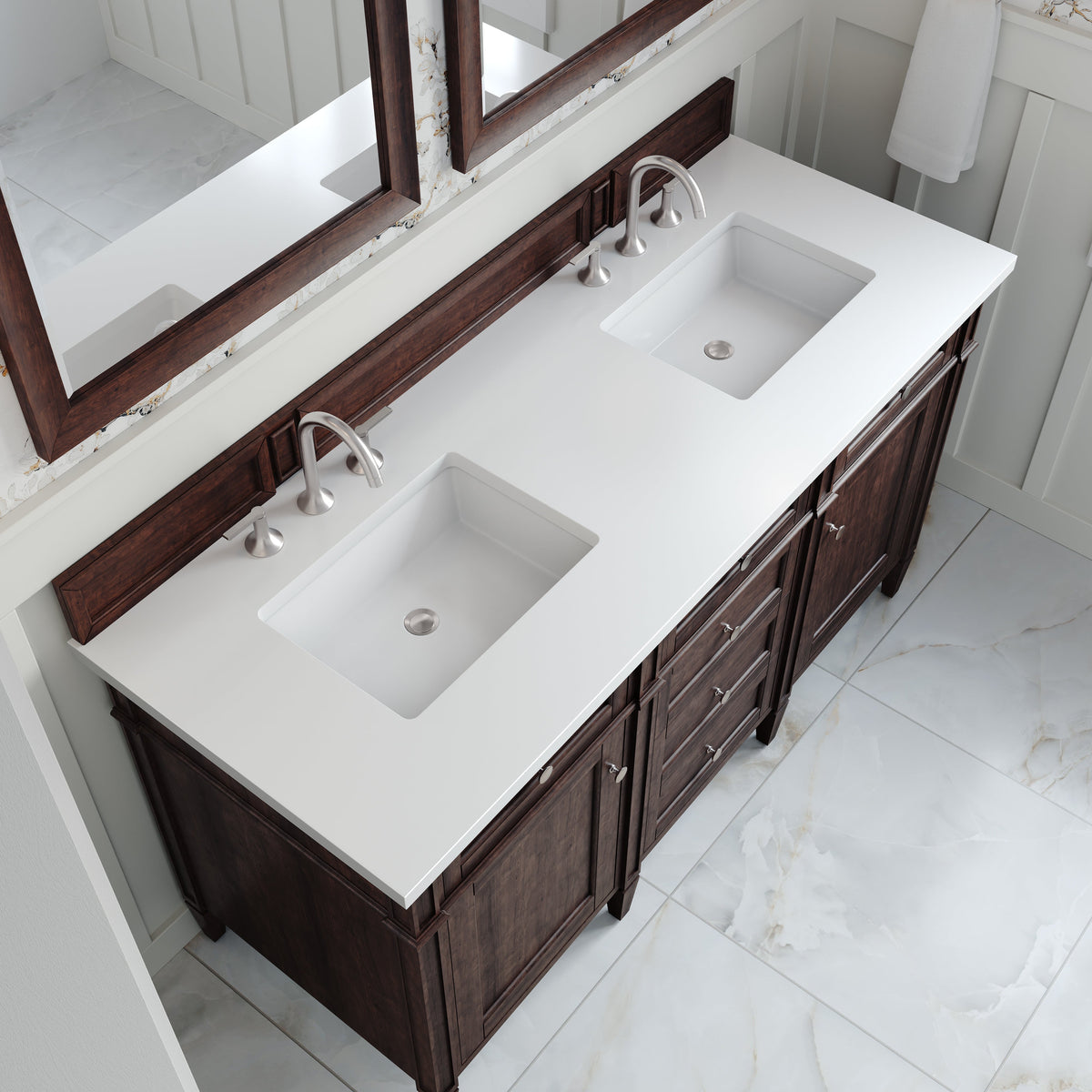 James Martin Brittany 60" Double Bathroom Vanity, Burnished Mahogany with White Zeus countertop