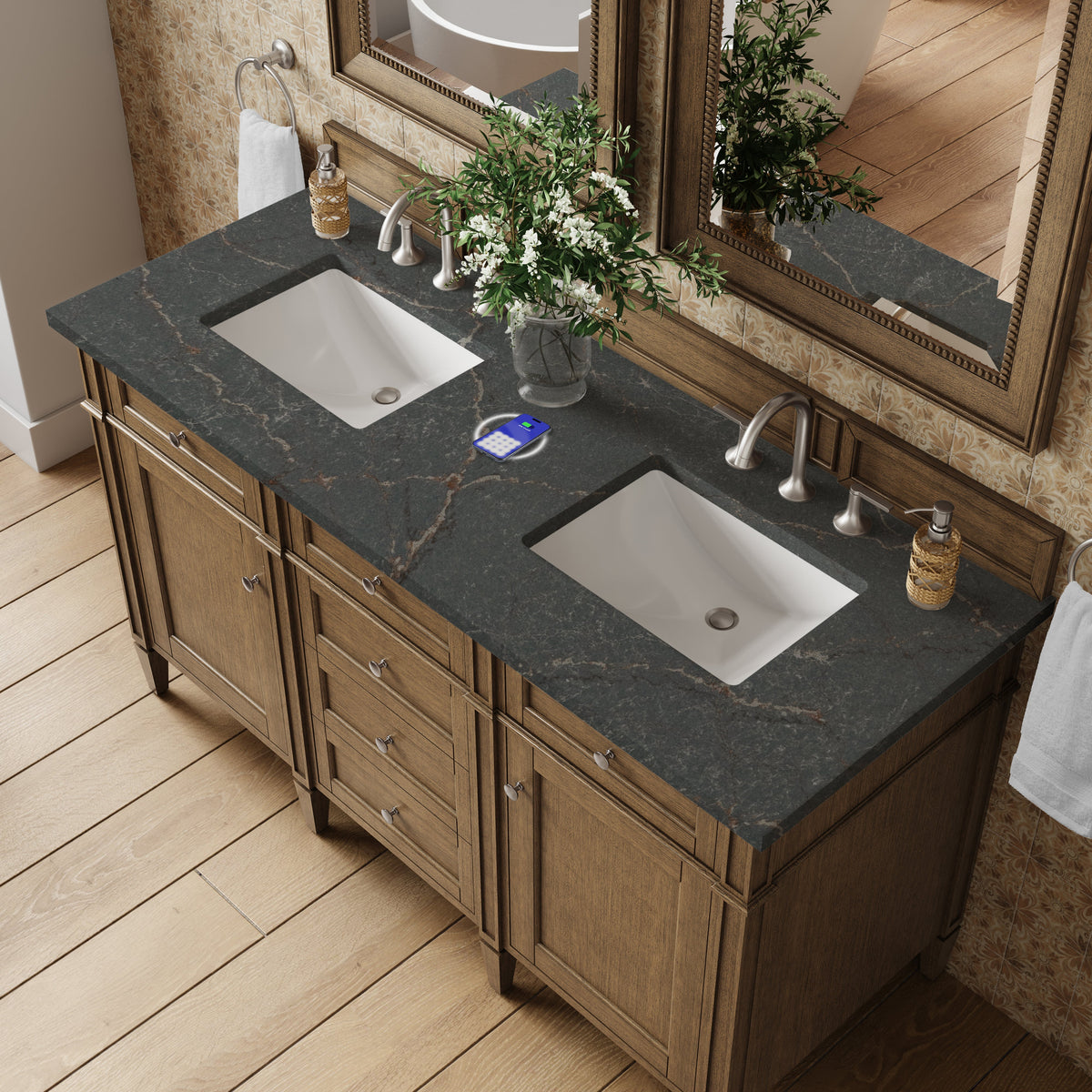 James Martin Brittany 60" Double Bathroom Vanity, Saddle Brown with Parisien Bleu (FreePower) countertop